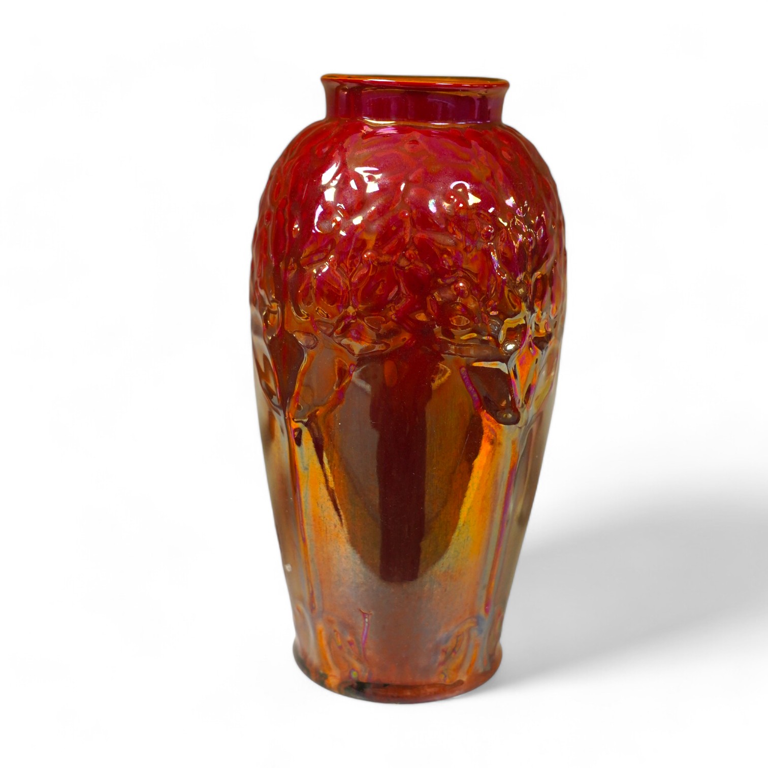 A Pilkingtons flambé lustre ‘fruit tree’ moulded vase, impressed, 18.5cm high. Condition - good